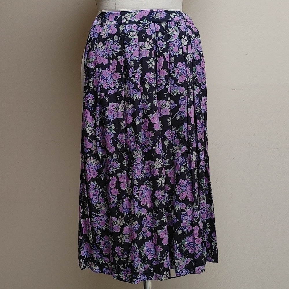 Vintage ILGWU Di Di Scott Pleated Skirt Pockets Black Lavender & Pink Roses